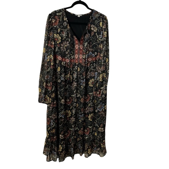 Frye & Co. Women’s Long Sleeve Black Floral Boho Flowy V Neck Dress Sz XXL GUC - Picture 1 of 11